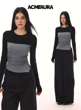 ACMEAURA假两件拼接打底衫女秋冬不规则收腰内搭正肩显瘦抹胸上衣