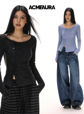 ACMEAURA长袖针织衫女2025新款修身不对称简约百搭圆领显瘦上衣女
