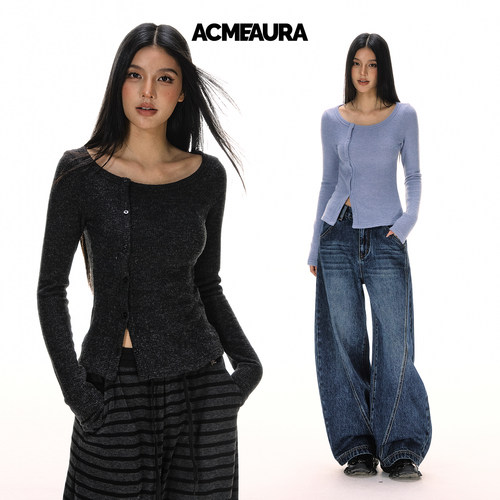 ACMEAURA长袖针织衫女2025新款修身不对称简约百搭圆领显瘦上衣女