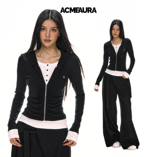 ACMEAURA撞色假两件显瘦长袖 抽褶收腰连帽V领上衣外套 T恤女秋季