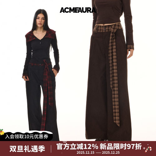 ACMEAURA美式复古高街格子拼接飘带阔腿裤女宽松百搭直筒休闲裤子