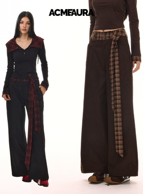 ACMEAURA美式复古高街格子拼接飘带阔腿裤女宽松百搭直筒休闲裤子