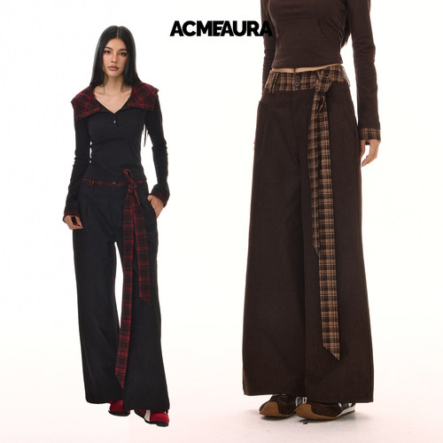 ACMEAURA美式复古高街格子拼接飘带阔腿裤女宽松百搭直筒休闲裤子