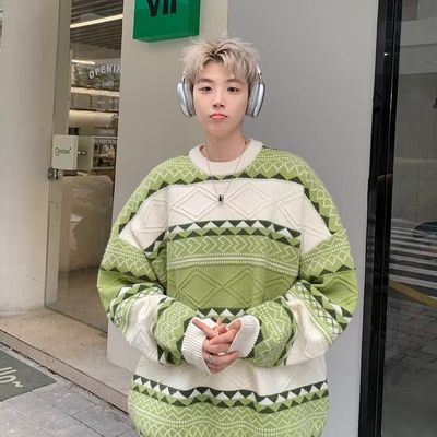 牛油果绿条纹拼接设计感毛衣男款秋冬季小众日系慵懒风复古针织衫