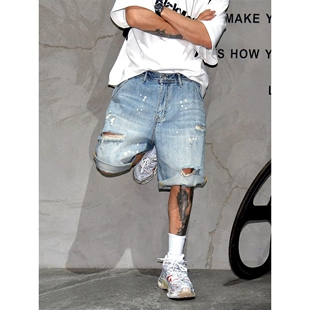 2026夏季新款破洞牛仔短裤男款休闲宽松直筒中裤五分马裤潮流百搭