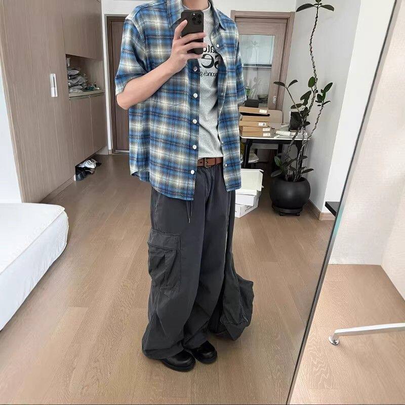 haonanhuang蓝色法兰绒格子短袖衬衫男款夏季美式高级感情侣半袖图片