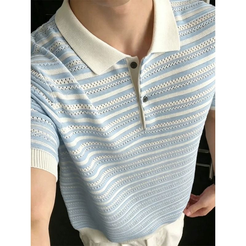撞色镂空提花条纹翻领POLO衫文艺小清新夏季套头针织T恤男