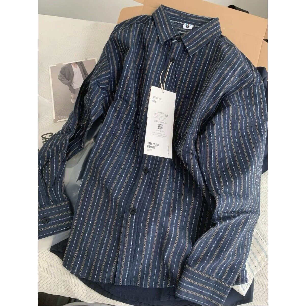 白色珠链提花条纹长袖衬衫男女秋季单穿上衣vintage衬衣外套