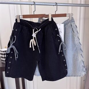 休闲水洗五分裤 薄款 子 男设计感宽松国潮夏季 复古织带牛仔短裤