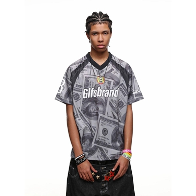 夏季美式复古街头满印美钞印花V领球衣T恤男女情侣休闲宽松短袖潮