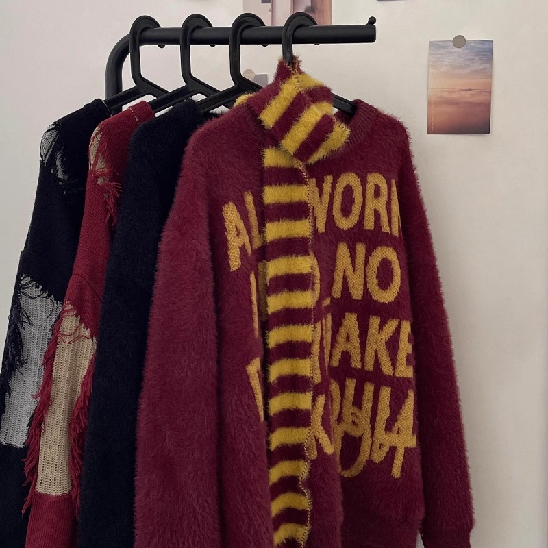 美式复古学院风围巾毛衣女冬季软糯马海毛宽松慵懒套头针织衫上衣
