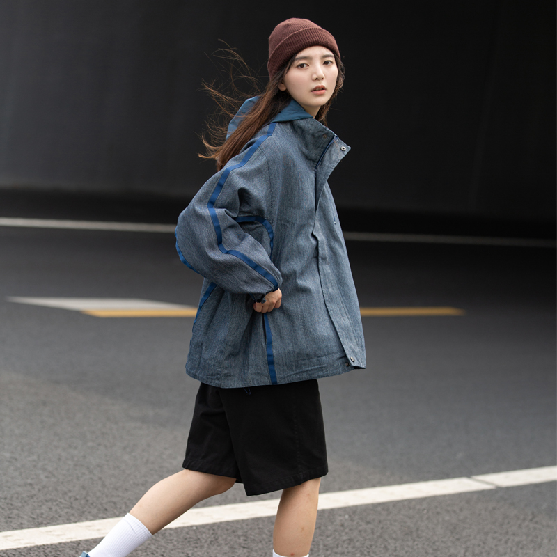 原创细条纹蓝色连帽外套春季夹克