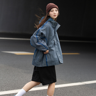 NBN/ 细条纹原创隐藏帽子外套citywalk中性风上衣蓝色休闲夹克春