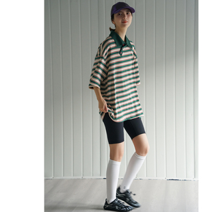 NBN小众斜领口设计polo衫白绿条纹男女夏季oversize落肩五分袖T恤