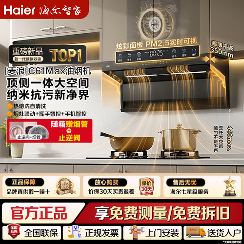 海尔吸油烟机大嘴C61Max家用顶侧双吸烟机灶具定时防干烧联动套装
