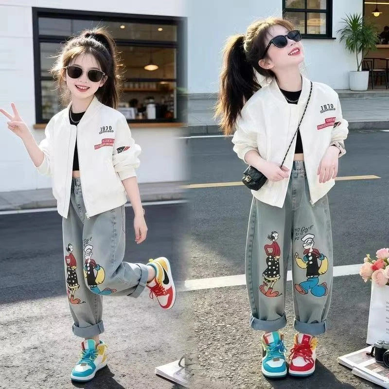 女童外套春秋2026新款洋气儿童棒球服春装大童夹克印花牛仔裤套装