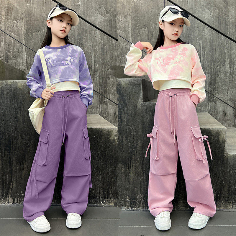 童装女童套装秋装中大童扎染长袖卫衣背心工装裤学生运动服三件套