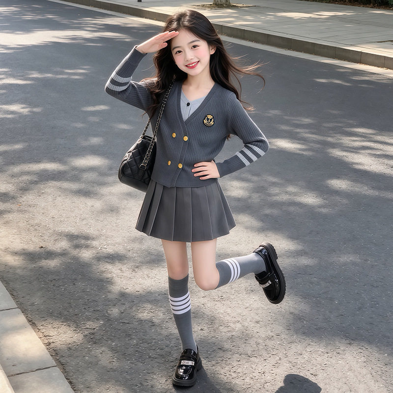 女童学院风针织开衫百褶裙套装三件套春秋款毛衣短裙穿搭中大童秋
