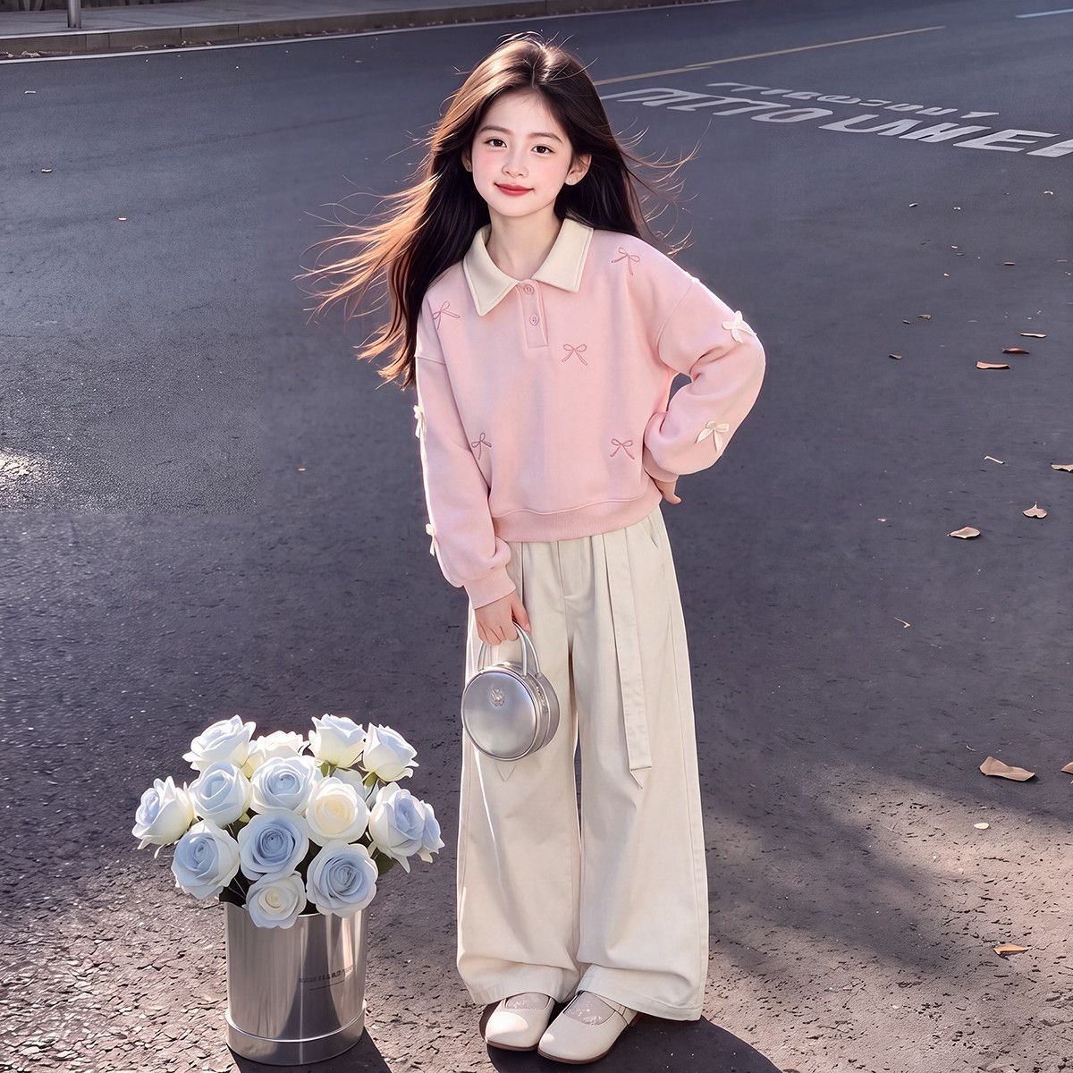 女童2026春秋季套装蝴蝶结拼接上衣搭配纯色休闲百搭阔腿裤子潮流