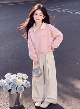 女童2026春秋季套装蝴蝶结拼接上衣搭配纯色休闲百搭阔腿裤子潮流