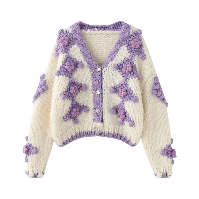 2024秋冬新款加厚棒针开衫女慵懒风重工手工球球毛衣短外套撞色