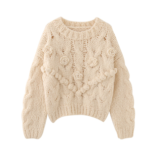 2025秋冬新款 女慵懒风宽松外穿百搭毛衣减龄 加厚花朵棒针套头衫