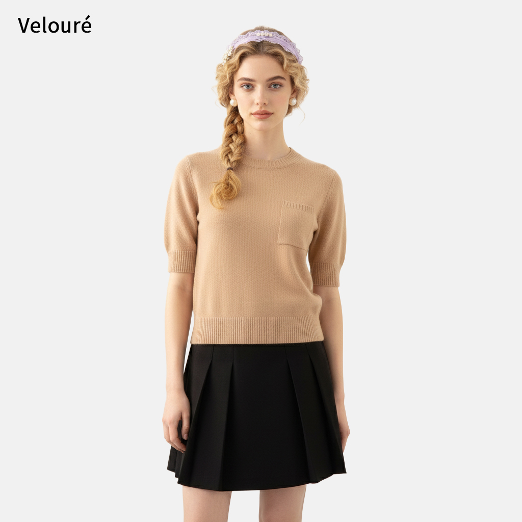 欧货法式复古高级感针织衫短袖气质通勤百搭口袋毛衣T恤上衣女