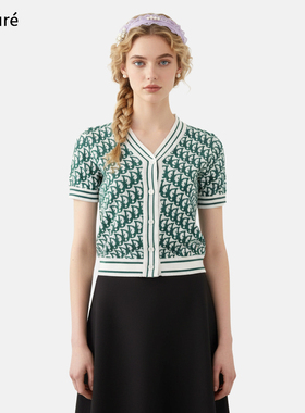 D家名媛风气质绿色字母提花短袖针织衫女薄款V领开衫空调衫新