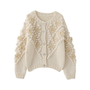 棒针毛衣外搭 女慵懒风直筒休闲长袖 秋冬新款 加厚圆领豆豆花朵开衫