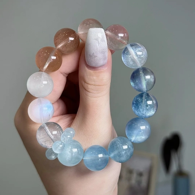 海蓝宝灰月光手串蓝月光白兔毛水晶手链女幽灵蓝粉兔毛【翼光】