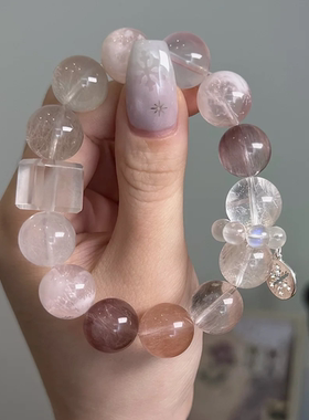 原创天然水晶兔彩毛粉晶粉雪花幽灵女款手串手链【PINKING…】