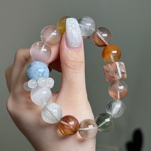 天然多宝水晶手串兔毛幽灵发晶超七双尖海蓝宝胶花金太阳闪灵女款