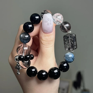 天然水晶手链黑发晶闪灵白阿塞海蓝宝黑曜石情侣【陌尘·暗影】