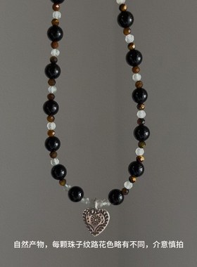 吊坠925银 JIUJIU【失语】手工黑色复古小众百搭拼接坠链气质项链