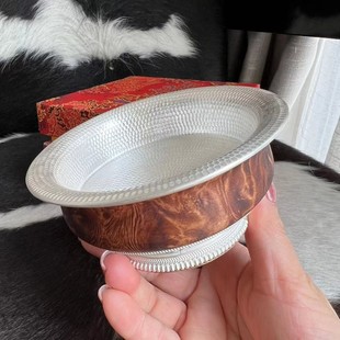 西藏手工精品疙瘩边扎木碗S99纯银全包银花纹精细直径11 12厘米