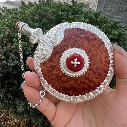 藏族民族风蒙古鼻烟壶纯手工纯银镶嵌鼻烟盒直径8.5大号