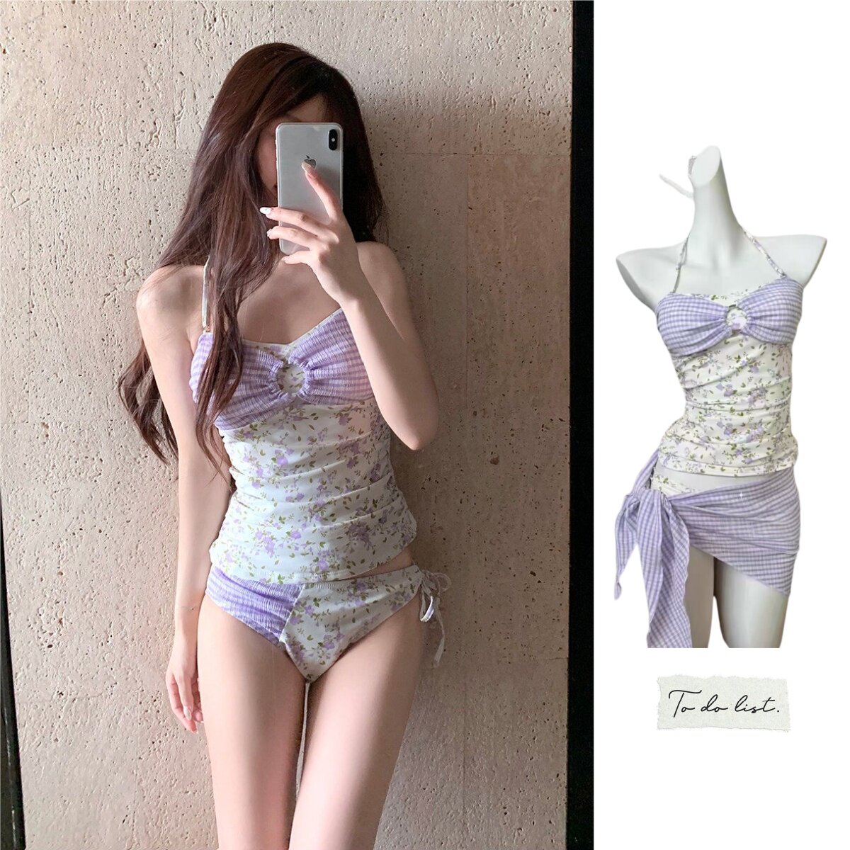 2026新款泳装高级感紫色碎花元气少女度假温泉泳衣比基尼女三件套