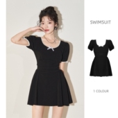 泡温泉泳装 无钢托带胸垫平角裤 高级感黑色 裙式 泳衣女保守分体泳装