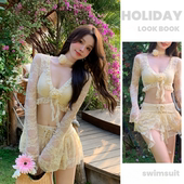 分体高级感度假游泳衣新款 长袖 防晒纯欲蕾丝性感泳衣裙式 温泉女
