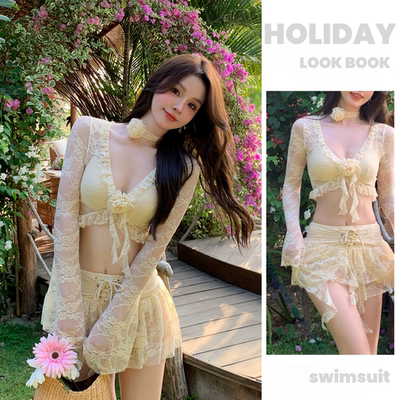 长袖防晒纯欲蕾丝性感泳衣裙式分体高级感度假游泳衣新款温泉女
