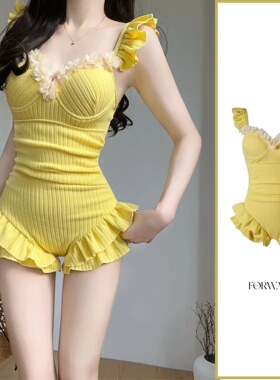 泳衣女款连体度假新款性感泳装保守黄色绝美游泳衣海边甜美多巴胺