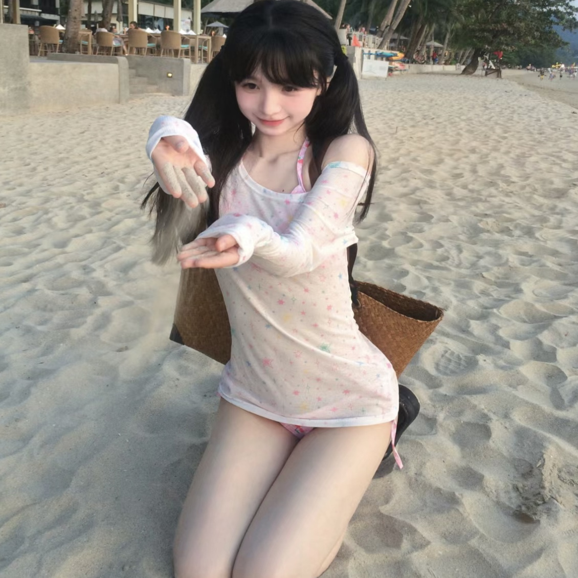粉色小樱桃元气少女可爱沙滩度假泳衣比基尼分体游泳衣温泉四件套