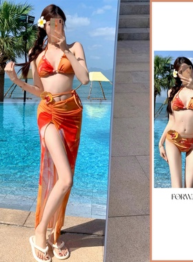 2025新款橘色印花海岛度假性感比基尼长裙显瘦聚拢温泉分体泳衣