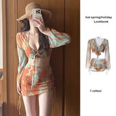 复古泳衣女四件套长袖 防晒遮肉保守高级感海岛度假温泉新款 比基尼