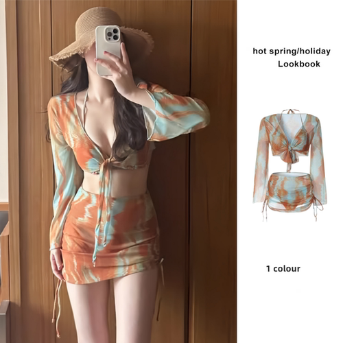 复古泳衣女四件长袖防晒遮肉