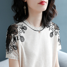 欧洲站圆领时尚蕾丝针织短袖t恤女2019新款休闲潮流甜美打底衫