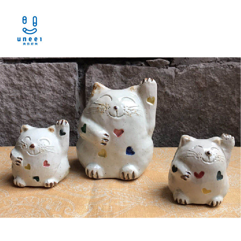 手作白色招财猫陶器摆件 日本制可爱和风招财进宝猫咪摆件中号