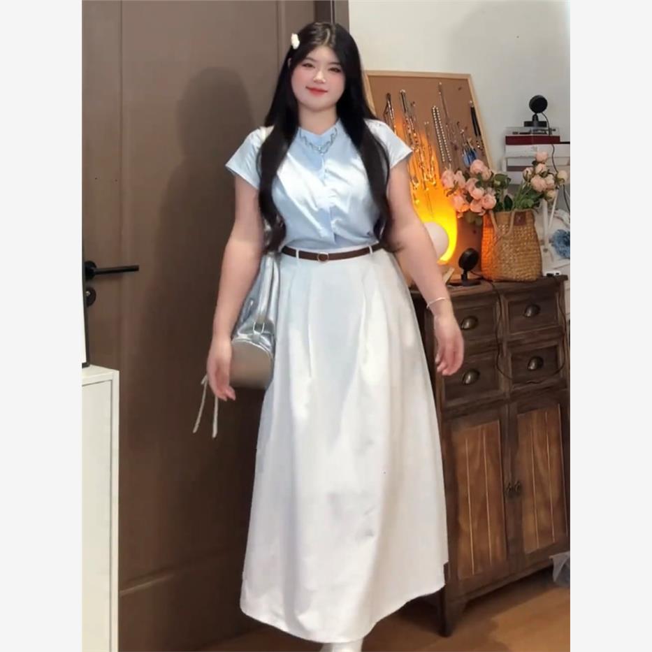 大码时尚套装女春季蓝色短袖衬衣微胖MM高腰显瘦白色半身裙两件套