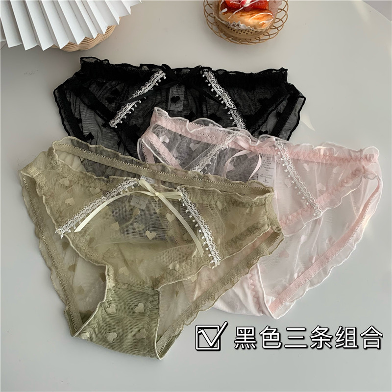 Real shot real price love Lace Sexy thin breathable mesh girl sweet mid waist student briefs 3 pieces