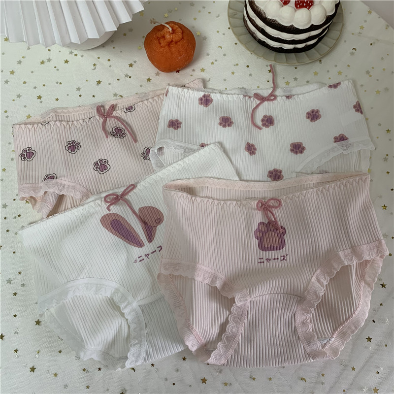 Korean version of pink sweet girl bow cute cat claw student mid waist Cotton Briefs
